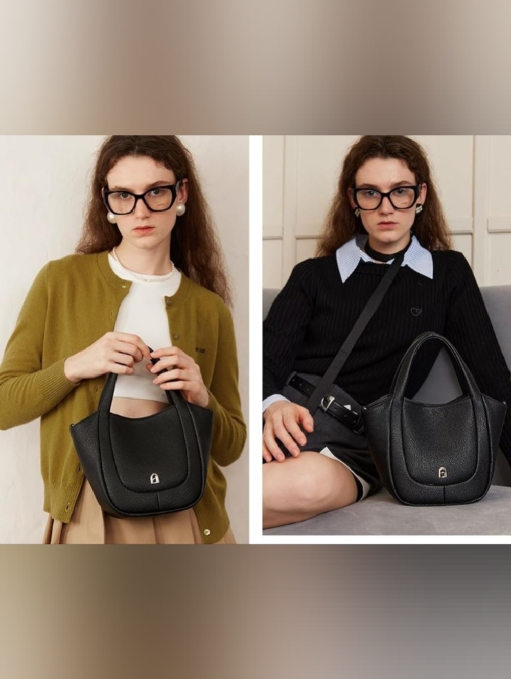 LA FESTIN Small Leather Tote Bag with Pouch & Crossbody Strap Black New